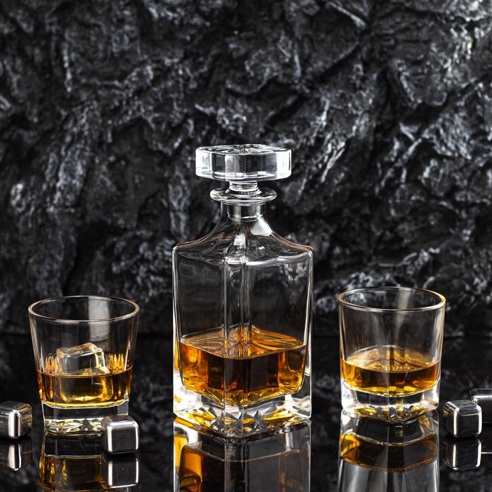 Square 25Oz Whiskey Liquor Decanter Set With 2 Glasses in Box - Set of 3