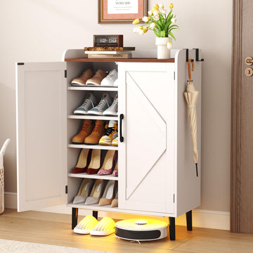 Farmhouse Shoe Storage Cabinet with Built-in LED Light, Entryway Shoe Organizer with Adjustable Shelves, 5 Tiers