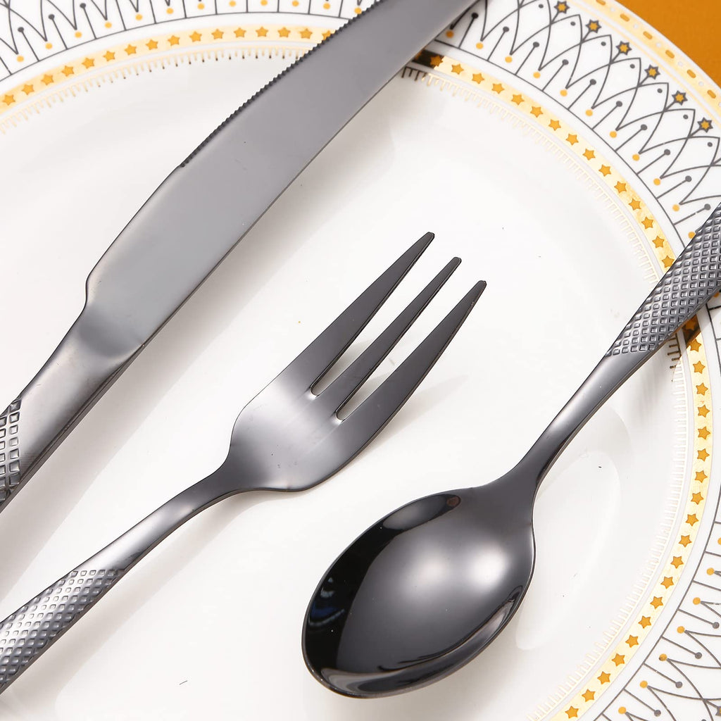 A·HOUSEWARE Black Silverware Hammered Flatware Kichen Stainless Steel Cutlery Set for 4 include Metallic Forks Knives