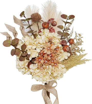 Boho Artificial Dried Hydrangea Flower Bouquet with Berries, Burlap Pampas, Burgundy & Green Ombre Leaves, Fake - Set of 28