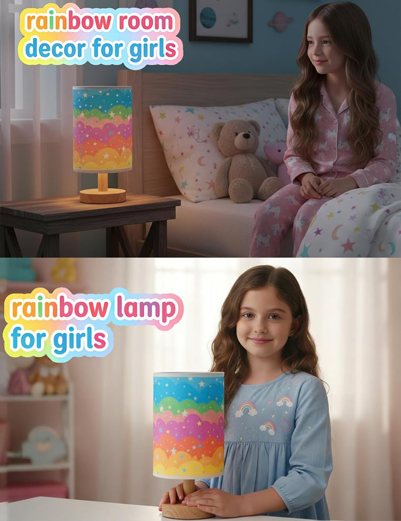 Kids Table Lamp, Rainbow Lamp, 3 Level Dimmable Wood Nightstand Desk Base Flaxen Fabric Shade Living Room,Rainbow