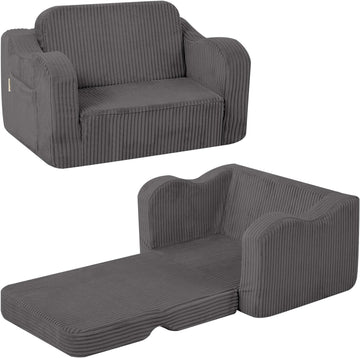 Kids Chair, in-1 Corduroy Fold Out Sofa, Foam Seat, Dark Grey