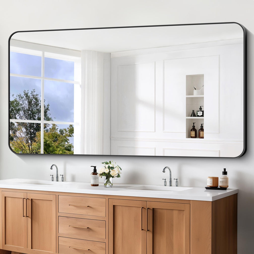 Large Bathroom Mirror 72x36 inch, Black Rectangle Mirrors with Metal Frame, Rounded Corner Rectangular Mirror
