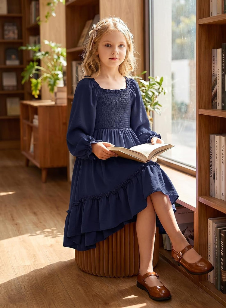 Girls Long Sleeve High-Low Hem Dress Fall Boho Ruffle Casual