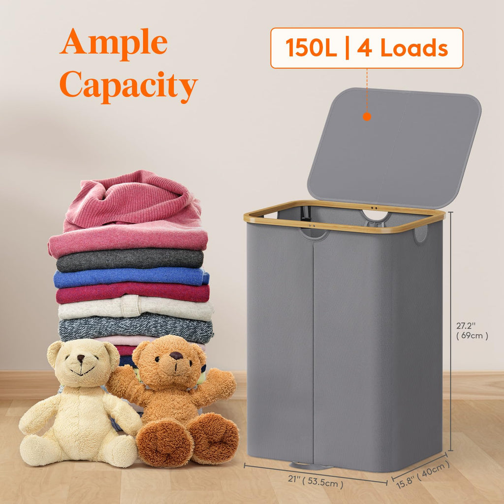 150L Double Laundry Hamper with Lid and Removable Bag, Gray