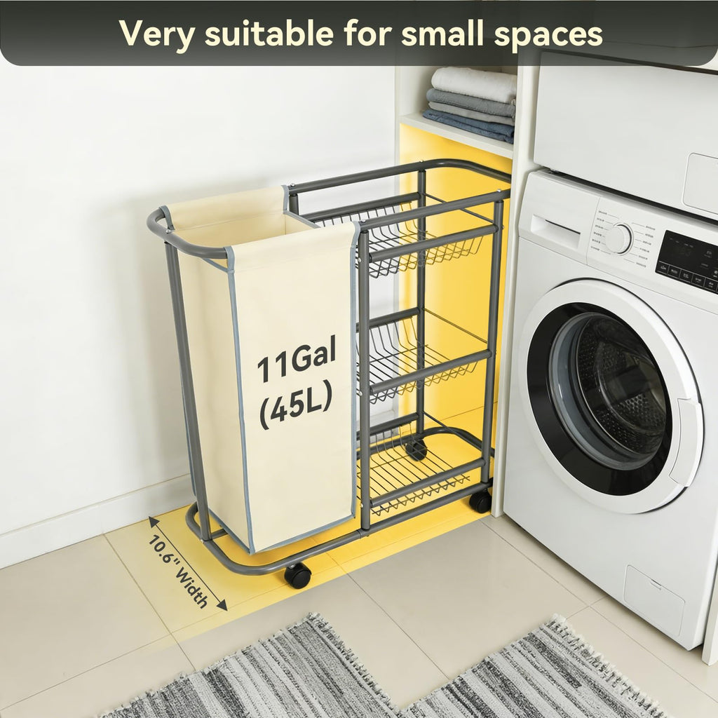 Slim Laundry Cart with Wheels, 3 Tier Rolling Laundry Sorter with 45L Bag