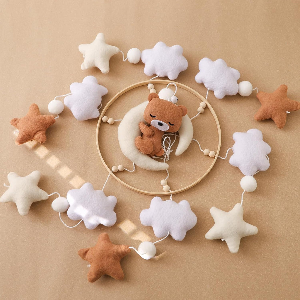 Baby Mobile for Crib - Neutral Boho Nursery Decor with Felt Moon, Stars, Clouds & Bear - Silent Soothing Bed Bell