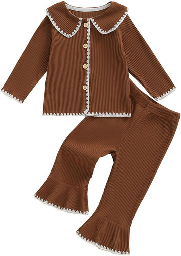 Toddler Baby Girl Fall Winter Outfits Ribbed Long Sleeve Button Down Shirt Tops Flare Pants Cute Clothes Set