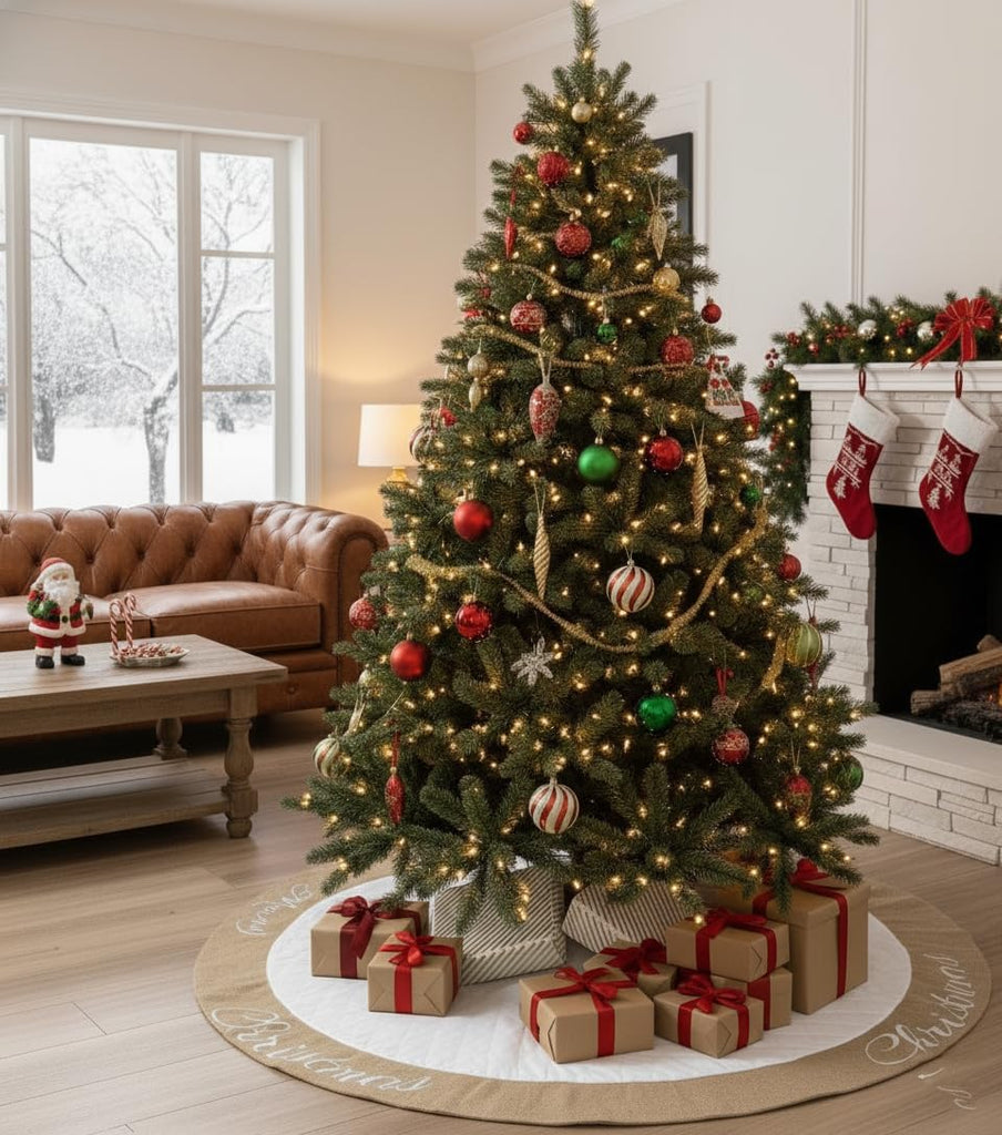 48 Inch Christmas Tree Skirt White Thick Luxury Quilted Cotton with Burlap Decoration for Merry Christmas Party