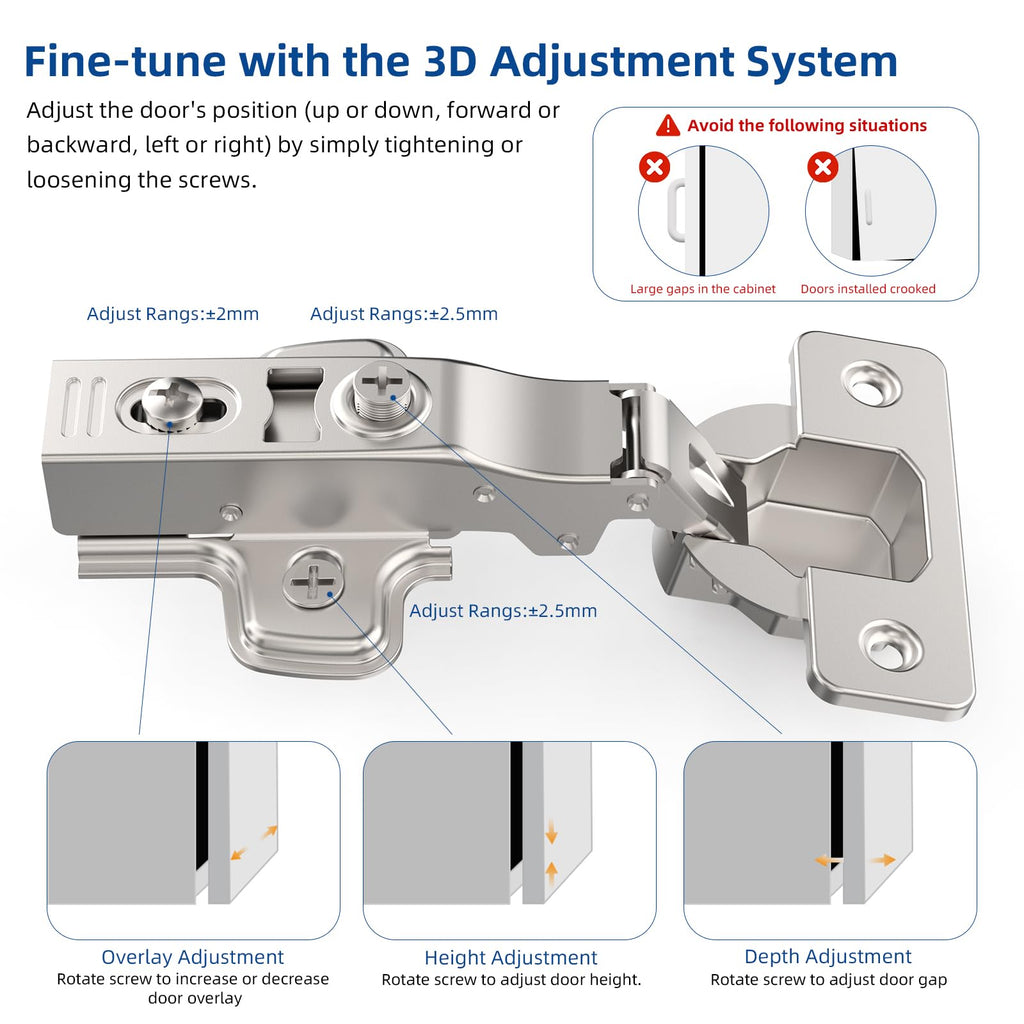 10 Pack Full Overlay Cabinet Hinges, Soft Close, Frameless, 105°