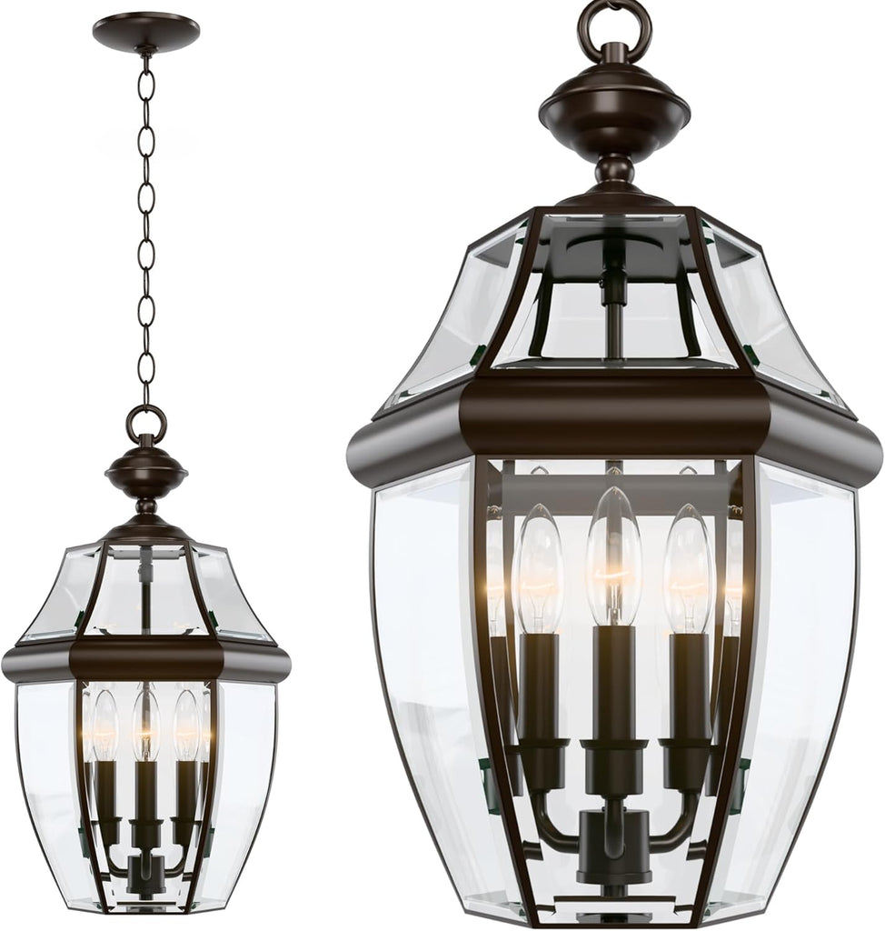Large Outdoor Pendant Light Fixture 3-Light, 20in Modern Bronze Outdoor Chandelier Hanging Porch Light