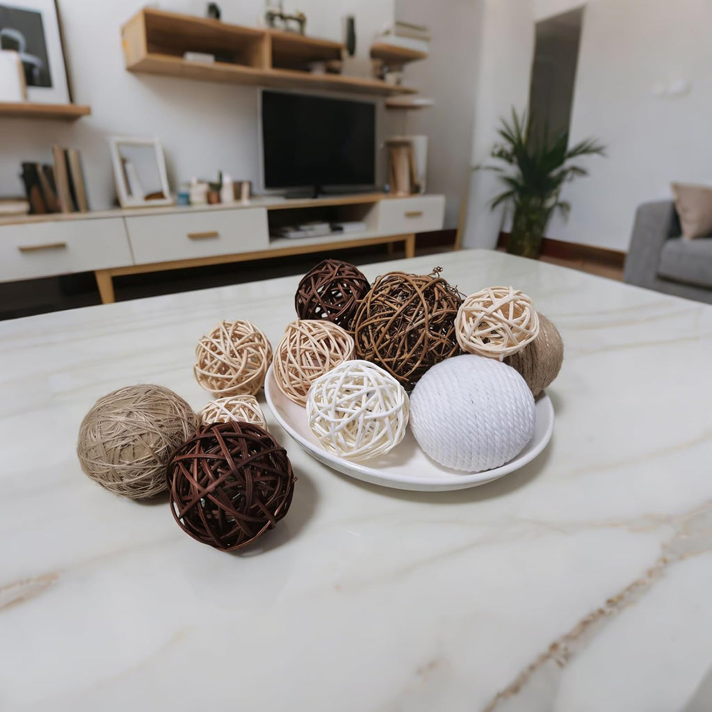 Decorative Ball for Centerpiece Bowls, Handmade Rattan Balls and Rope Balls with 1.6-3.2 Inches, Vase Bowl - Set of 12