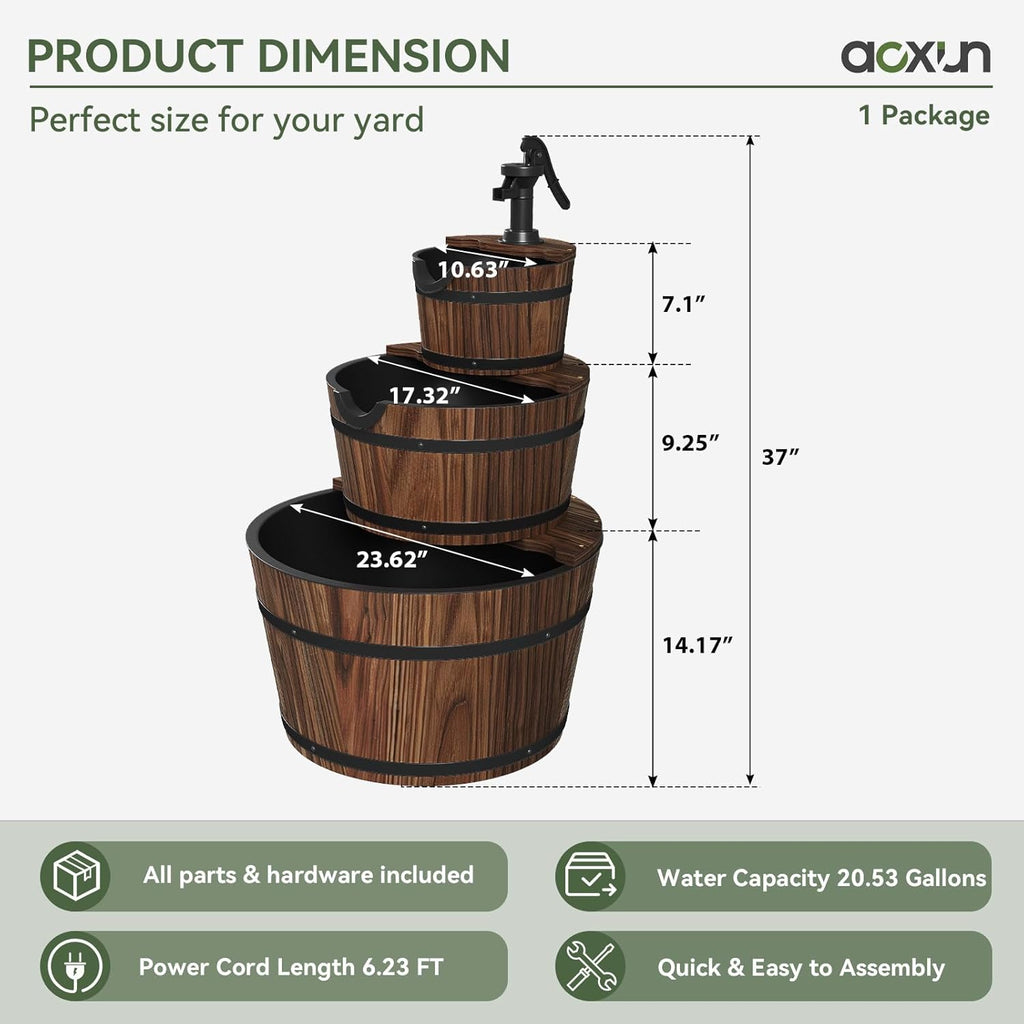 3-Tier Outdoor Water Fountain, Wood Barrel Cascading with Electric Decorative Hand Pump, Rustic Waterfall Fountain
