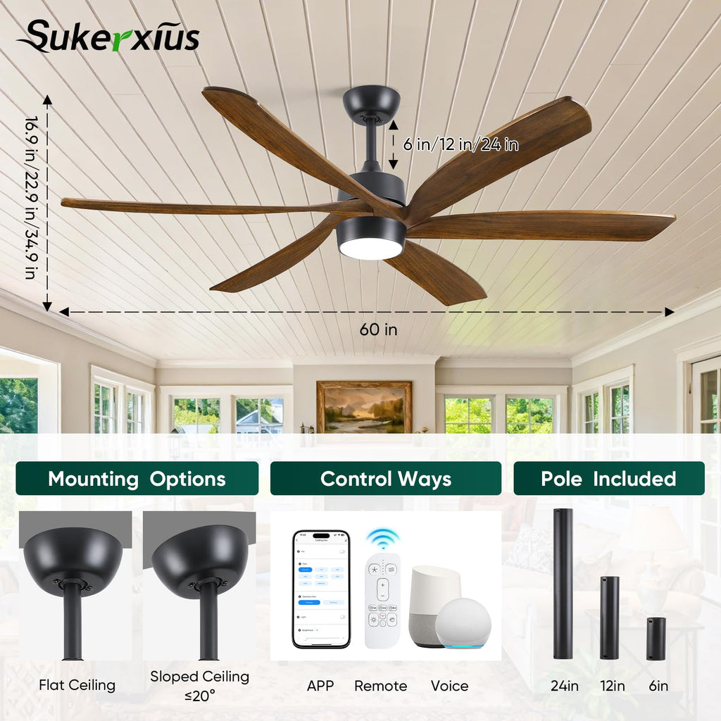 60Inch Outdoor Smart Ceiling Fan with Light, 6 Solid Wood Blades, High CFM Alexa/App/Remote Control, ETL Listed, Large