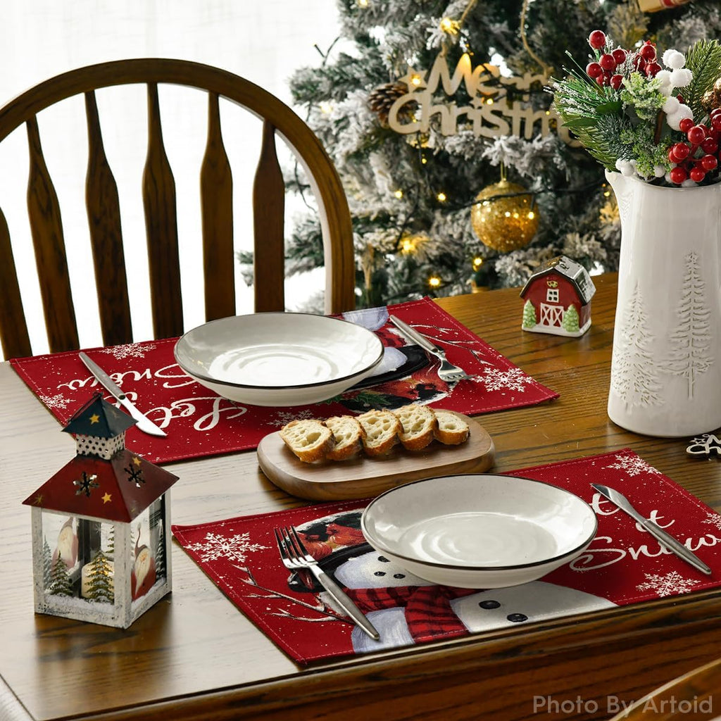 Red Snowman Let It Snow Winter Placemats Set of 6, 12x18 Inch Seasonal Christmas Holiday Table Mats for Party Kitchen