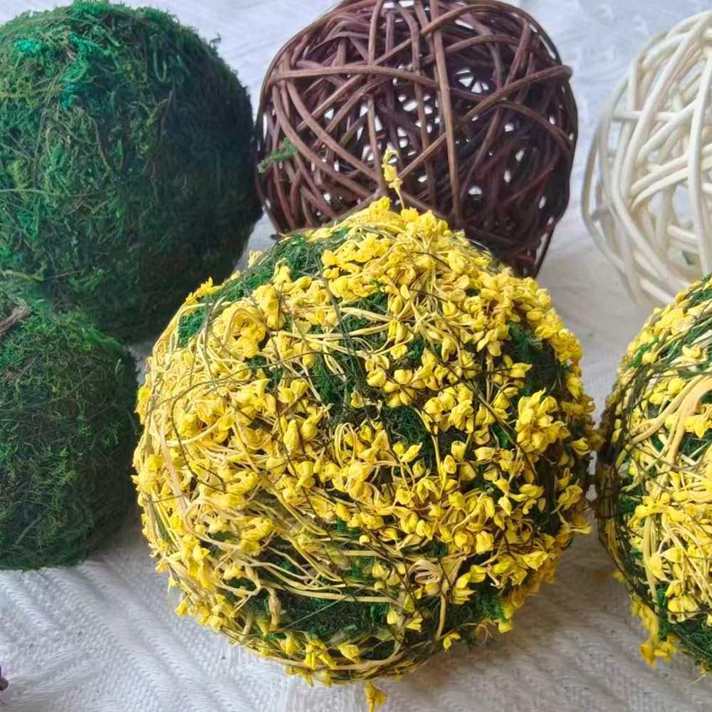 Decorative Balls for Bowls, Mixed Moss Balls, Rattan Wicker Orbs & Dried Floral Sphere Bowl Fillers Decor Table - Set of 18