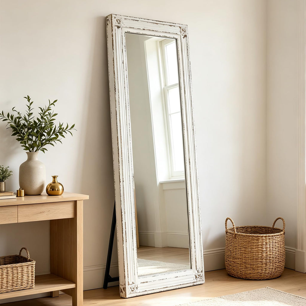 Rustic Full Length Mirror with Stand 60" x 24", Distressed White