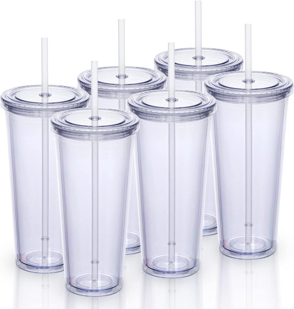 24oz Double Wall Plastic Tumblers with Lids and Straws | Large Classic Travel Tumbler | 6 Pack Set of 6 | Clear