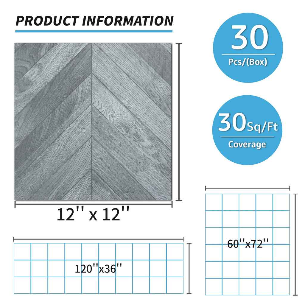 30-Pack Herringbone Peel and Stick Floor Tiles (30 Sq.Ft), Grey