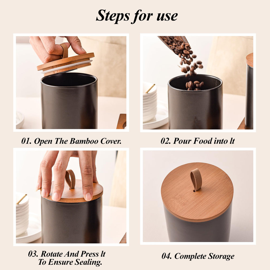 Black Ceramic Canister Set of 2 with Bamboo Lids, Wooden Stand & Spoons - 35oz & 28oz Airtight Food Storage Jars for
