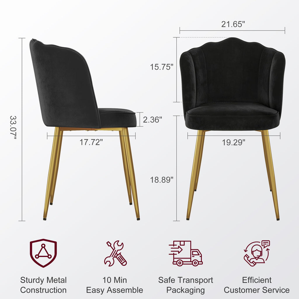 Velvet Dining Chairs Set of 2, Modern Upholstered Kitchen Chairs with Thick Cushions, Curved Padded Backrest and