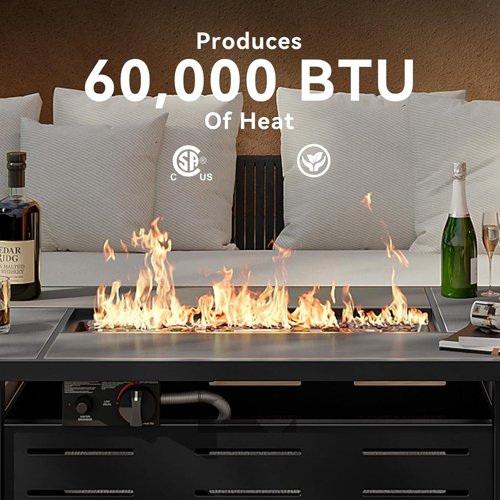 42" Propane Fire Pit Table Ceramic Top | 60000 BTU Outdoor Patio Heater with Lava Rocks, Rectangle Gas Fire Pits for