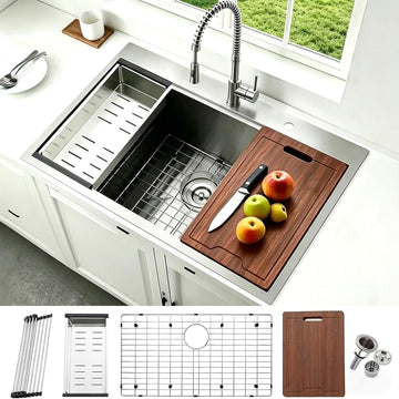 33x22 Inch Drop Sink, Single Bowl Workstation Handmade Farmhouse Topmount Stainless Steel Kitchen Sink with Dish