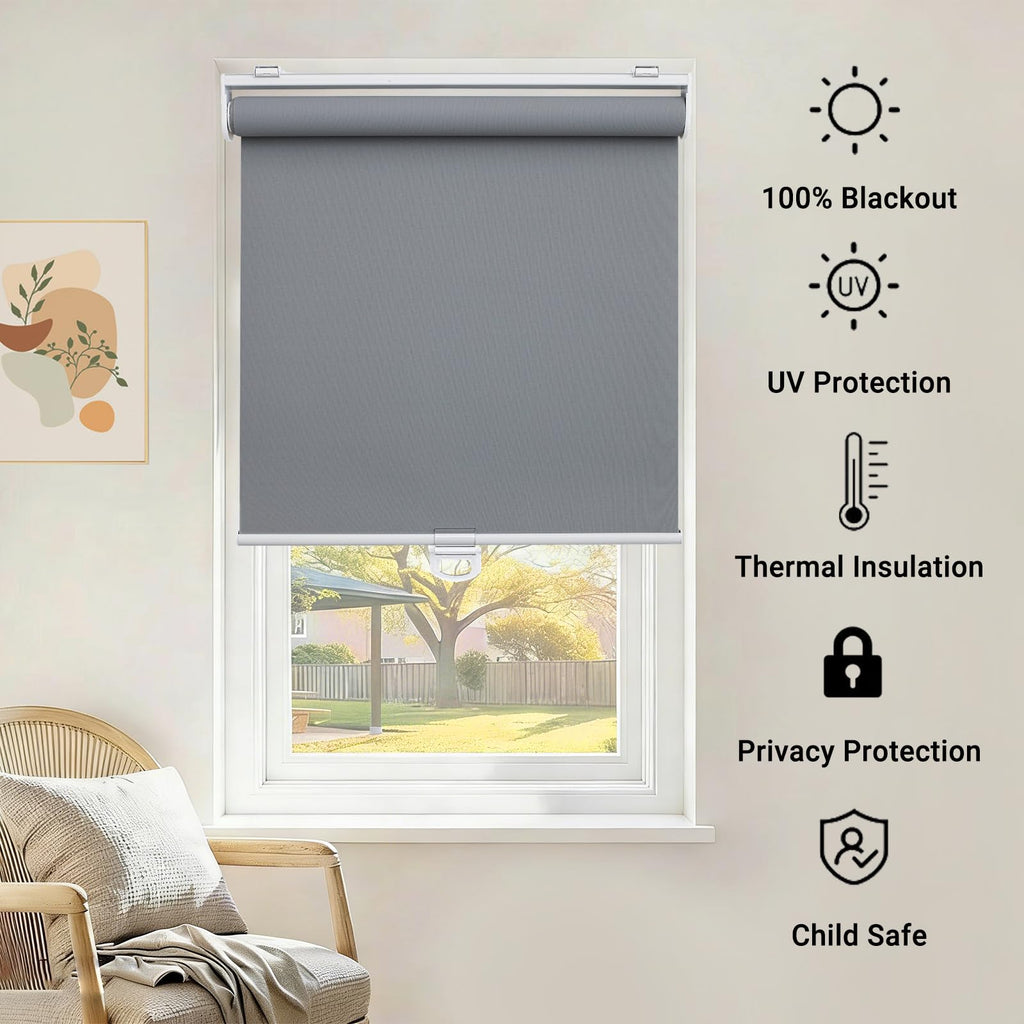 Cordless Blackout Roller Shades for Indoor Windows, Grey