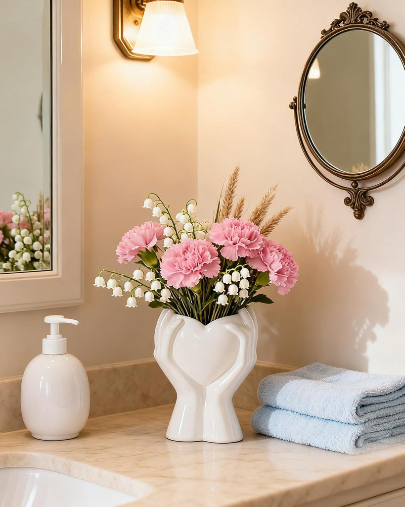 A Heart Held in Two Hands White Vases for Flowers - Cute Modern Small Ceramic Flower Vase for Pampas Grass