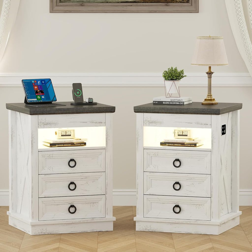 Farmhouse Nightstand with Gun Drawer Set of 2, Human Sensor LED Bedside Table with LED Lights & Charging Station