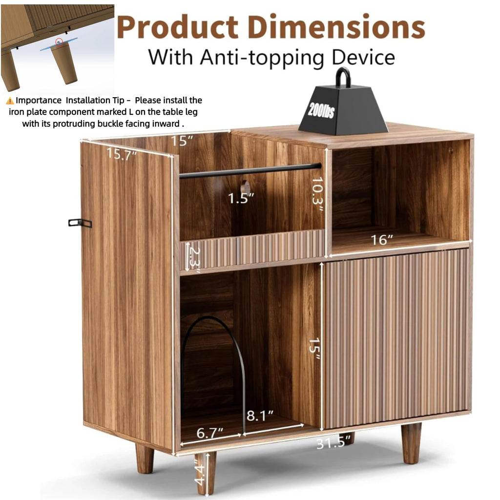 Record Player Stand with Sliding Door, 300+ Vinyl Record Storage