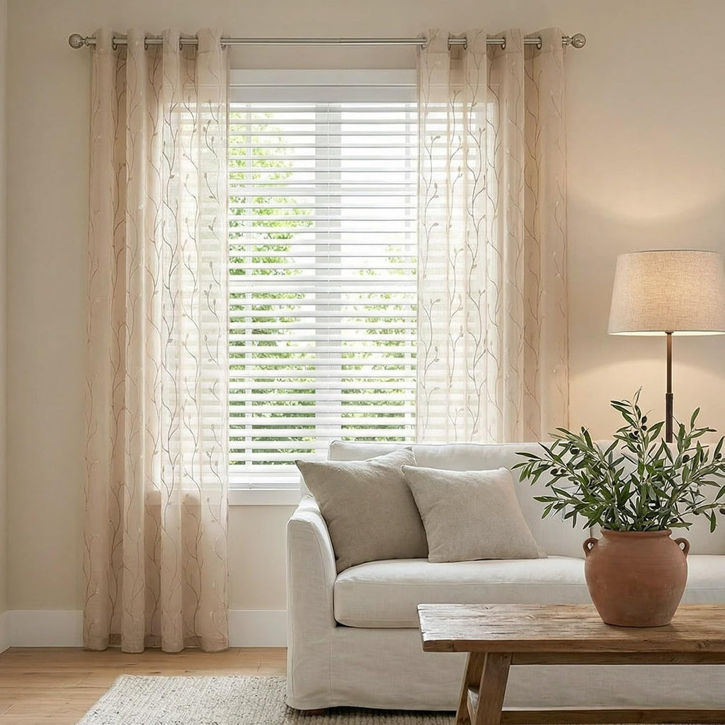 Sheer Curtains for Bedroom 96 Inch Length Leaf Embroidered Semi Sheers for Living Room Botanical Embroidery Voile