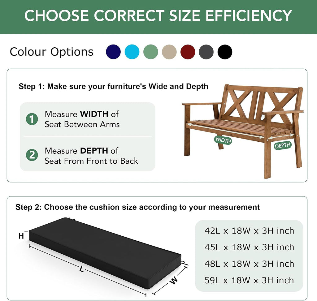 Outdoor Bench Cushion Pad, 48 x 18 x 3 Inch, Black | High-Resilience Foam, Water Resistant, Removable Cover, Hidden