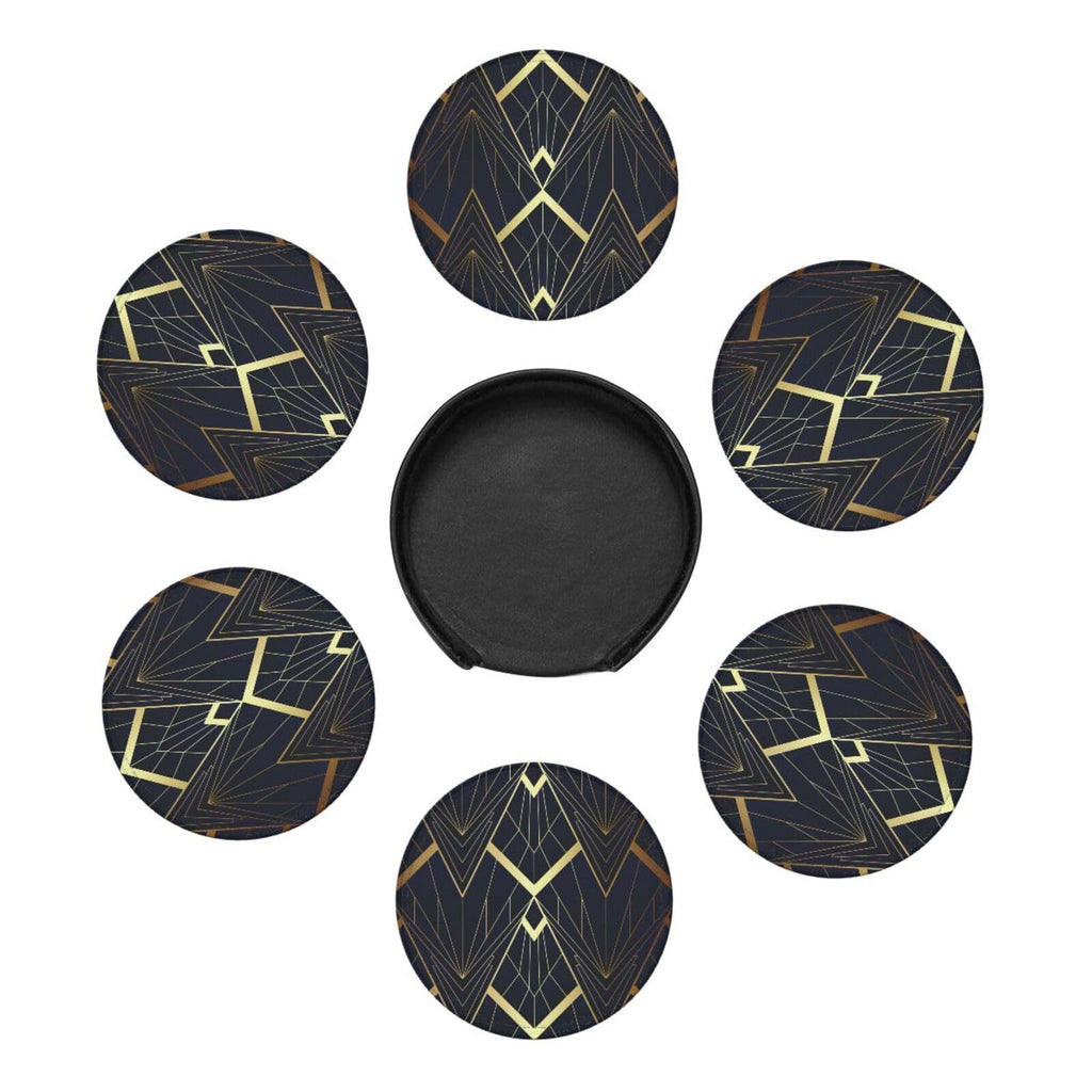 Abstract Art Deco Leather Drinks Coasters with Holder, Set of 6