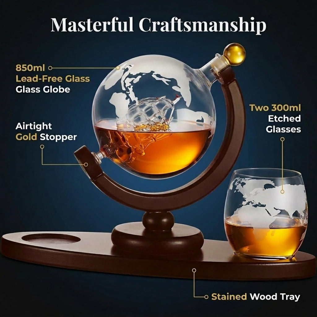 Gifts for Men, Whiskey Decanter Globe Set with 2 Etched Whiskey Glasses - for Liquor Scotch Bourbon Vodka, Gifts