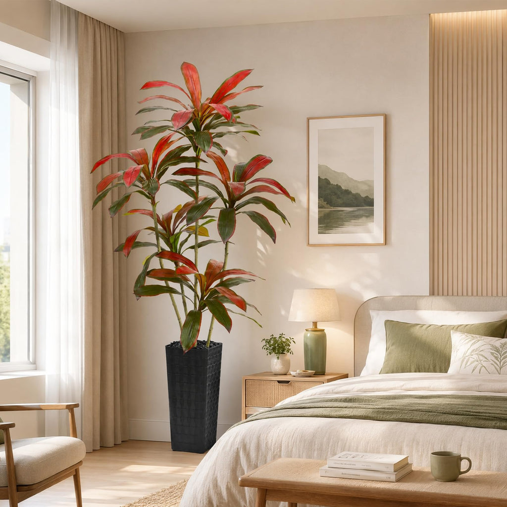 Artificial Red Dracaena Tree 7FT / Black Planter, Faux Plants Indoor