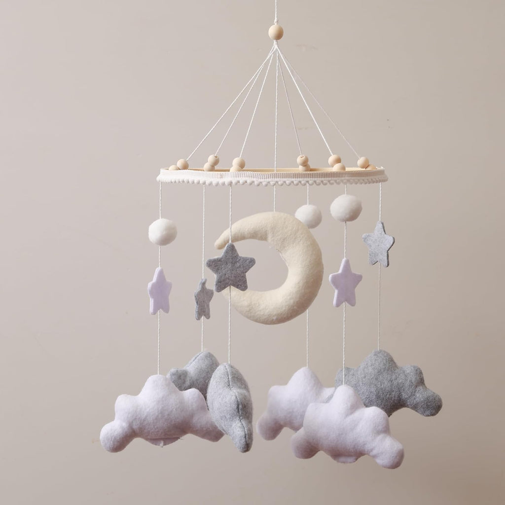 Nordic Boho Baby Crib Bell - Moon & Stars Felt Nursery Decor, Neutral Minimalist Baby Room Hanging Ornament, Modern