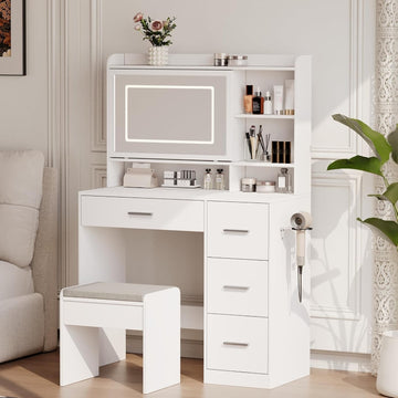 Vanity Desk with a Mirror and Lights,with Chair and Four Drawers, Three Adjustable Lighting Modes,with Power Outlet