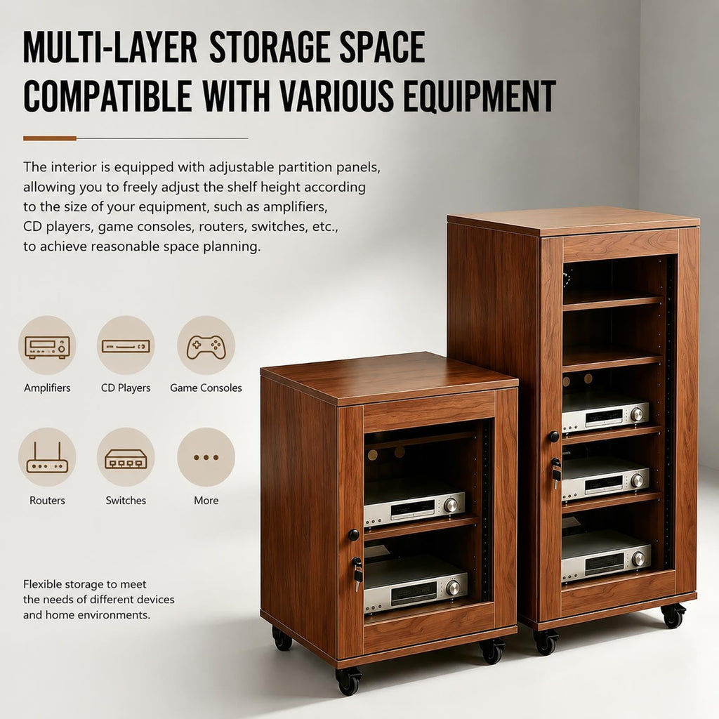 Audio Equipment Rack Cabinet, Wood AV Rack with Glass Door & Wheels