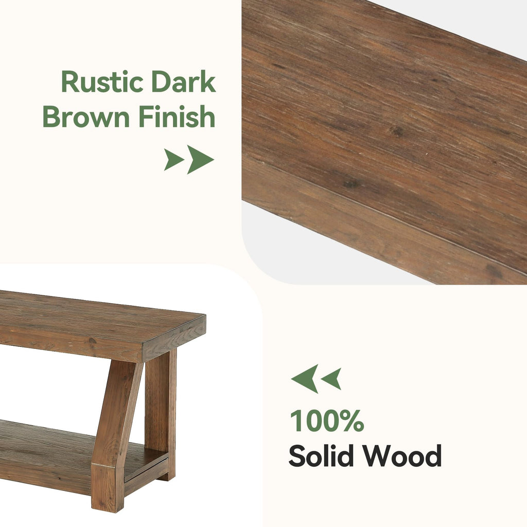 63" Solid Wood Bench, 2-Tier Entryway Bench with Shoe Storage, Rustic Hallway Accent Benches, Mudroom, Easy