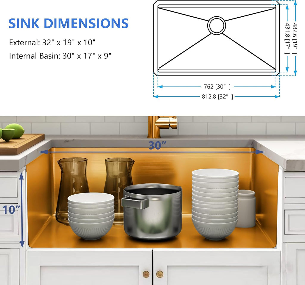 32 Inch Gold Undermount Kitchen Sink,16 Gauge 304 Stainless Steel Kitchen Sink Single Bowl, 32"x19"x10" Undermount