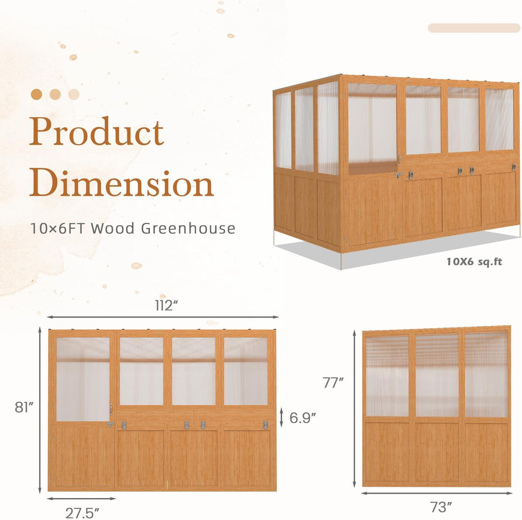 6x10 Ft Wood Greenhouse for Outdoors | Walk-in Green House w/ Openable Window & Lockable Door, Heavy Duty Reinforced
