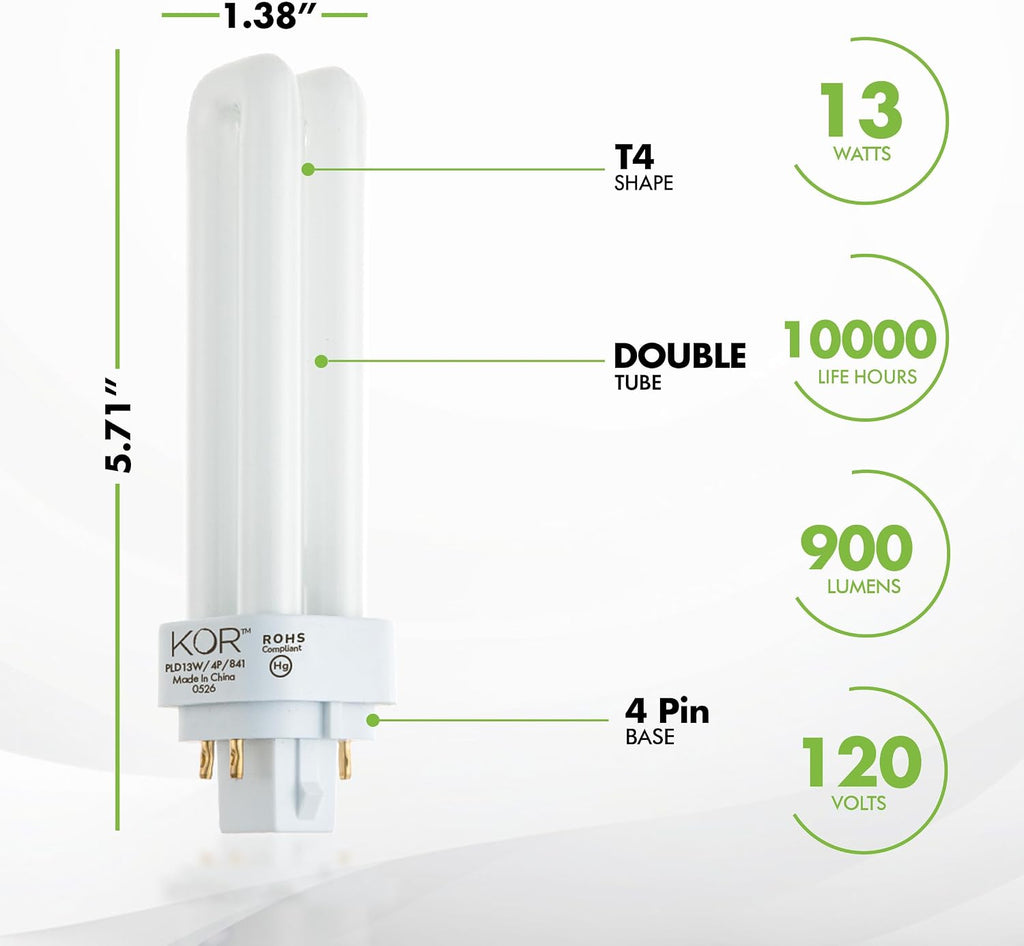 13W Double Tube CFL Light Bulbs, G24Q-1 4-Pin, 4100K Cool White, 4 Pack