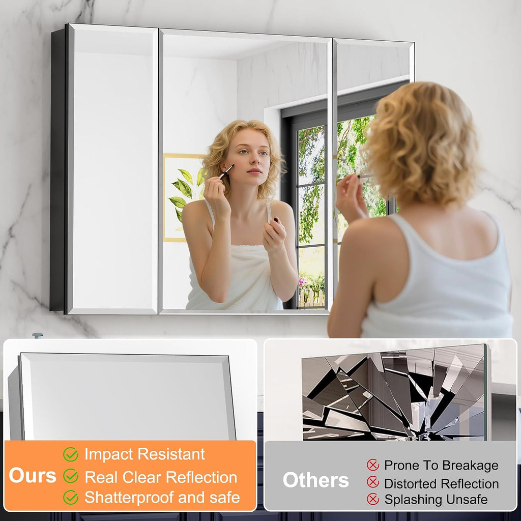 36x30 Inch Medicine Cabinet with Mirror, Aluminum Medicine Cabinet, Black | Beveled Edge Mirror Single Door