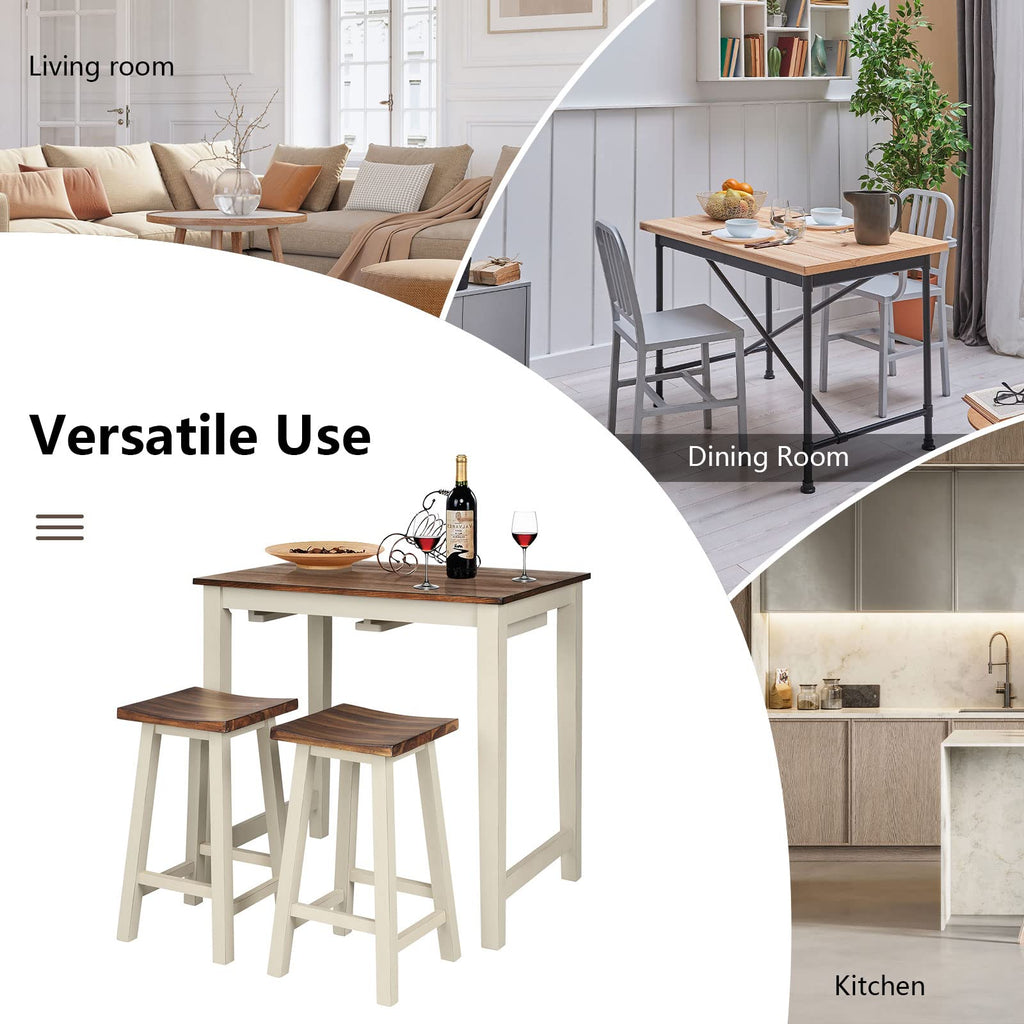 3 Pieces Dining Set, Counter Height Pub Table with 2 Saddle Stools