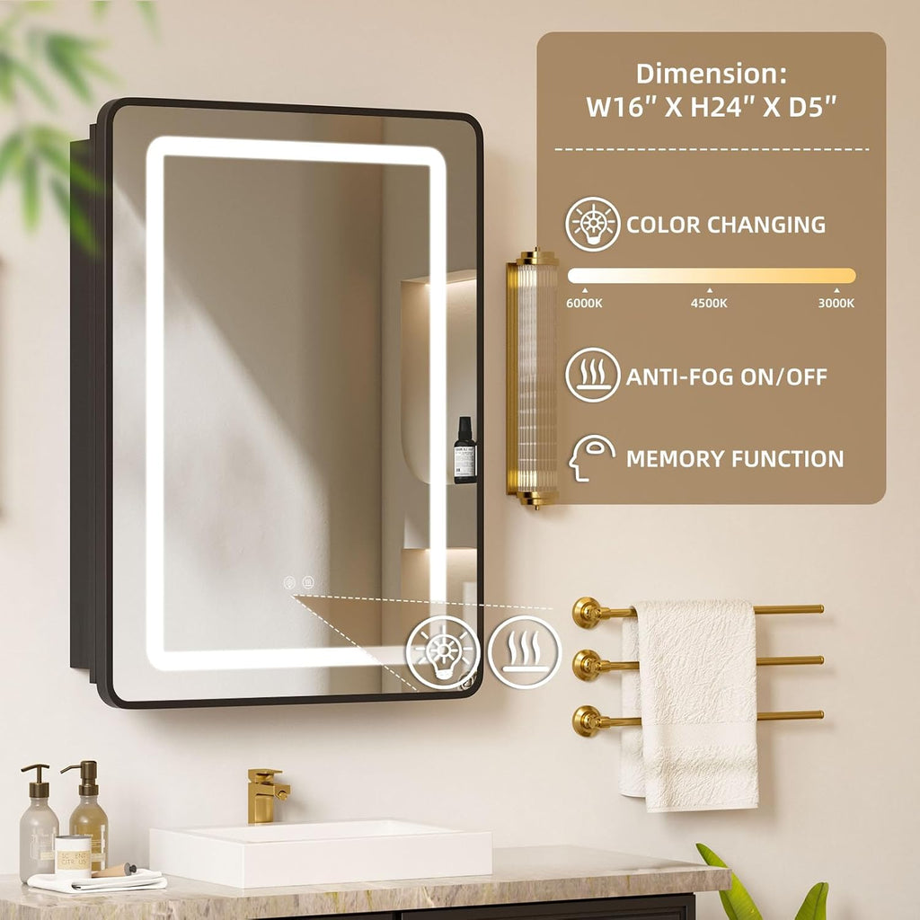 20x28 Medicine Cabinet with Mirror and Lights, Bathroom Mirror Cabinet with Memory Function, Anti-Fog, Surface Mount