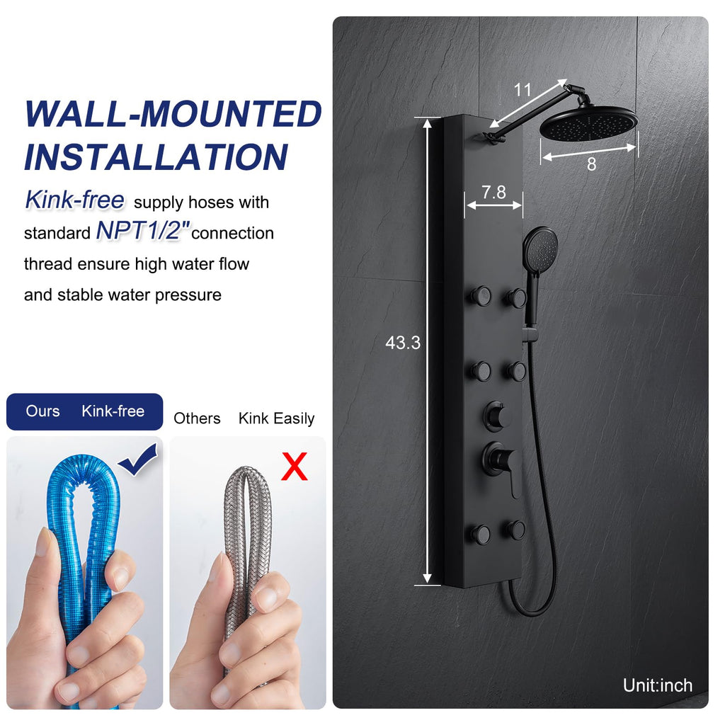 Shower Panel Tower System with Adjustable 6 Body Jets, Matte Black