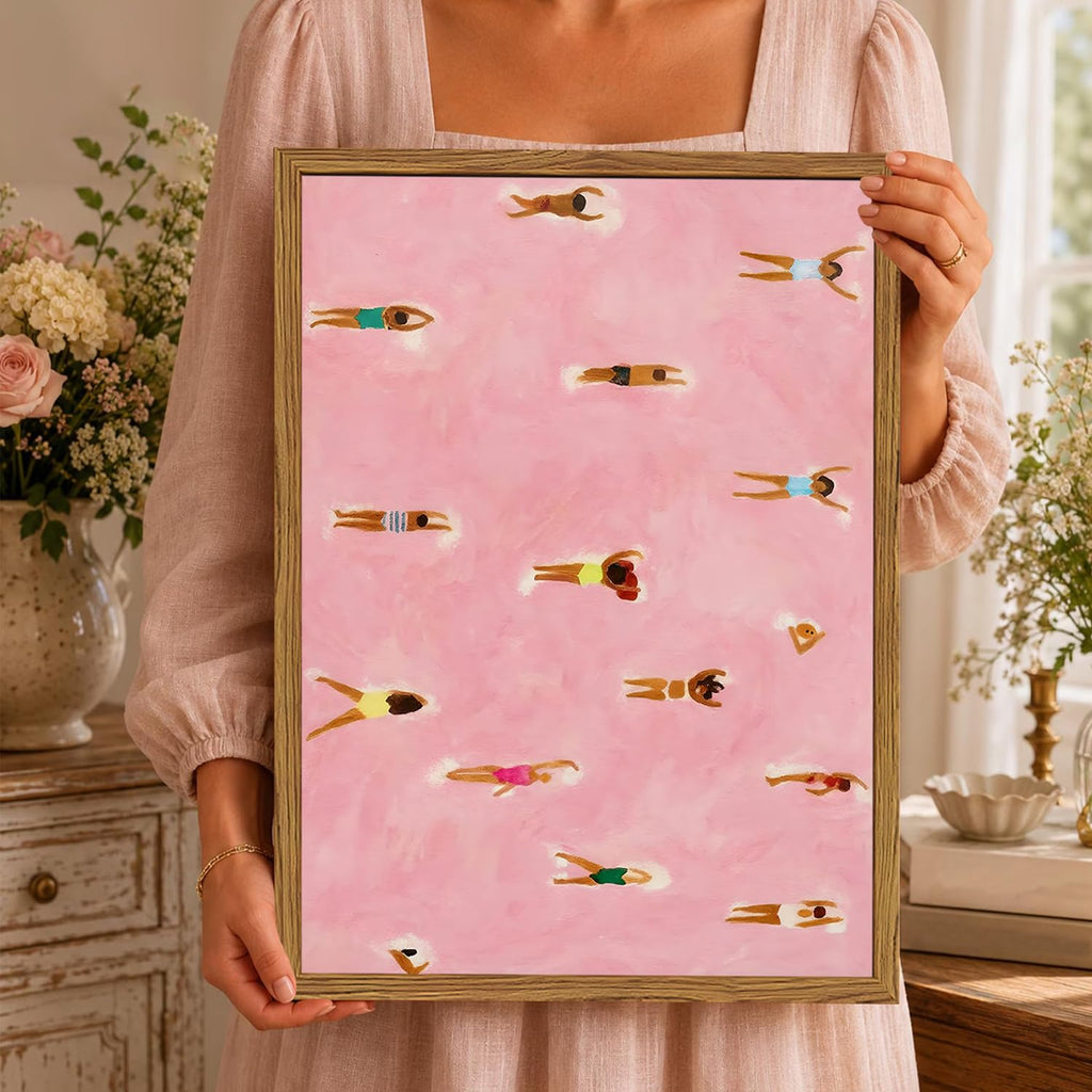 Framed Pink Tiny people Swimming Wall Art, Abstract Beach Swimmers Pictures Wall Decor, Minimalist Coastal Paintings