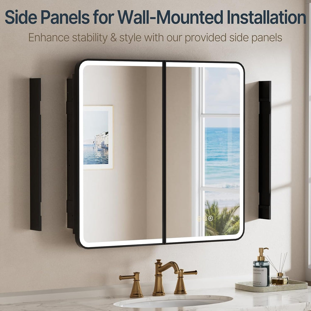 32x30 Inch Medicine Cabinet with Mirror and Lights , Black | Recessed or Surface Mount, Anti-Fog, Memory Function