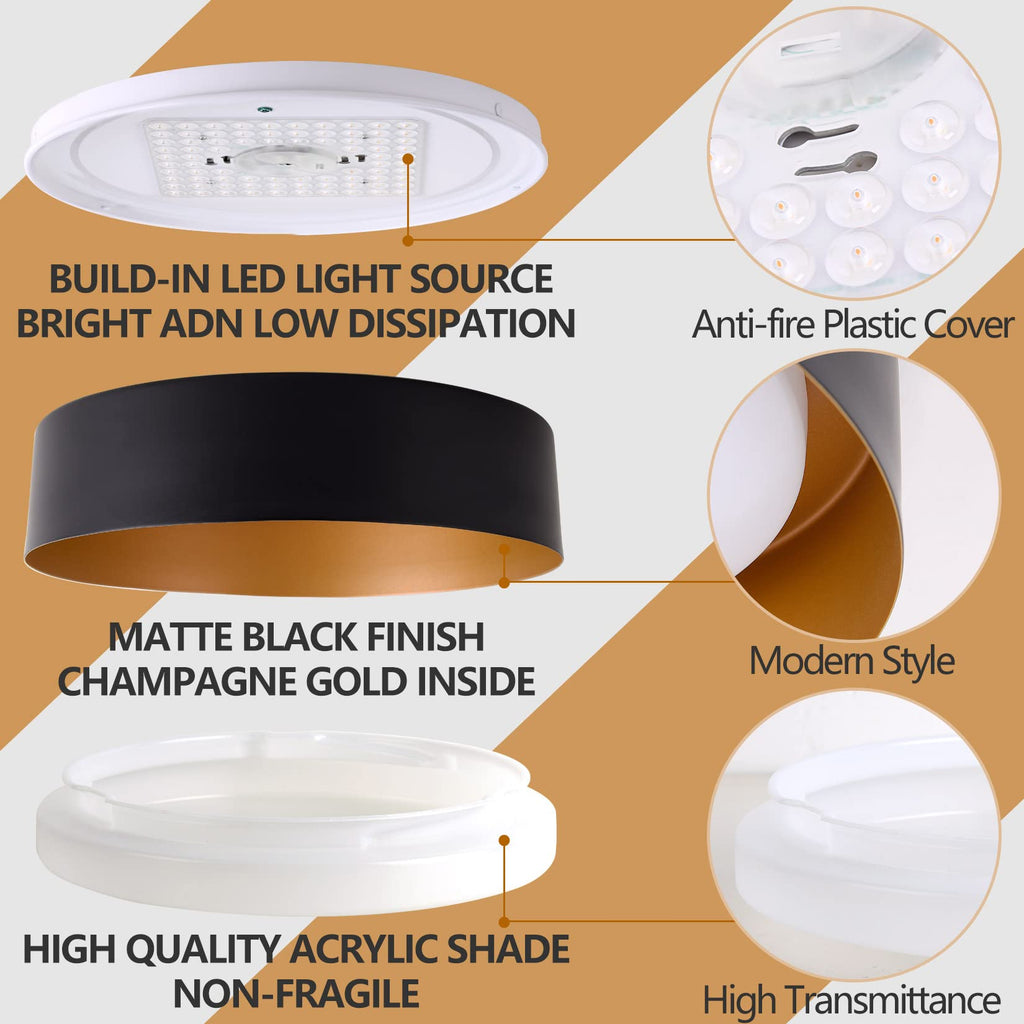 16.5-Inch Flush Mount Ceiling Light, Matte Black with Gold Interior